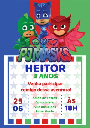 Convite Aniversário PJ Masks com Heróis para Editar Online