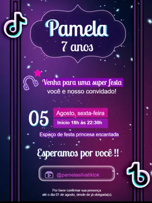 Convite de Aniversário TikTok Neon para Editar e Enviar