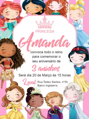 Convite de Aniversário Princesas Disney para Editar Online