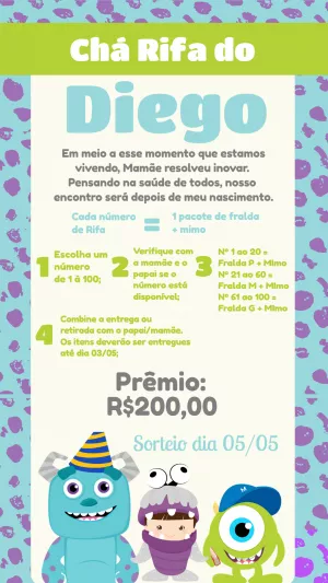 Convite Chá Rifa Monstros S.A. com Personagens para Editar
