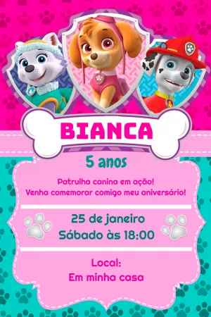 Convite Aniversário Patrulha Canina Menina para Editar Online