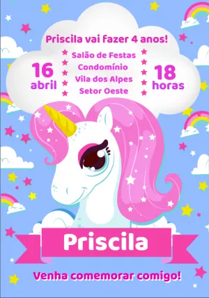 Convite de Aniversário Unicórnio Mágico para Editar Online