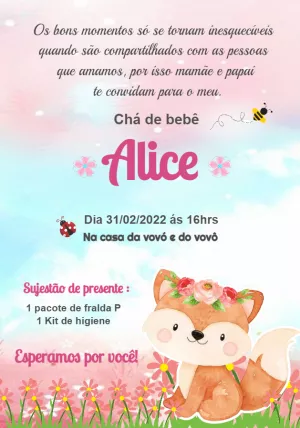 Convite Chá de Bebê Raposinha Fofa para Editar Online