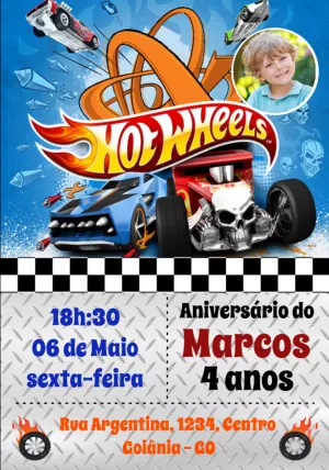 Convite de Aniversário Hot Wheels com Foto para Editar Online