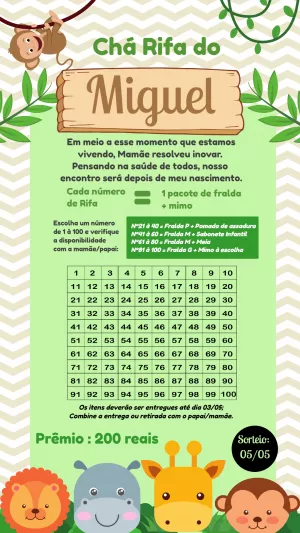 Convite Chá Rifa Safari com Animais para Editar Online