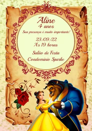 Convite Aniversário A Bela e a Fera para Editar Online