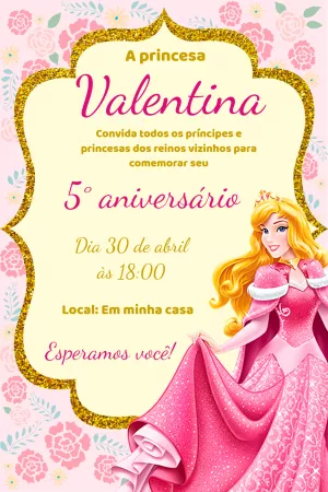 Convite Aniversário Princesa Aurora Bela Adormecida Editável