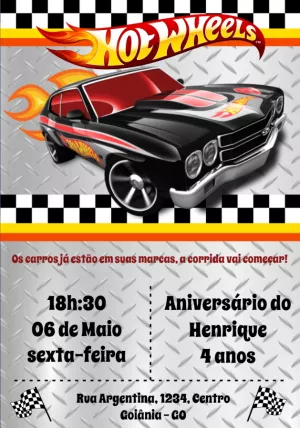 Convite Aniversário Hot Wheels com Carros de Corrida para Editar