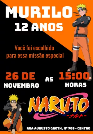 Convite de Aniversário Naruto com Personagem para Editar Online