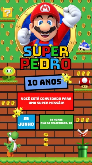 Convite de Aniversário Super Mario Bros Editável Online