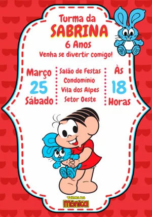 Convite de Aniversário da Mônica para Editar e Imprimir