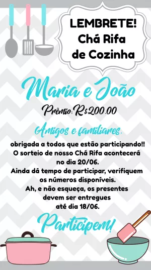 Lembrete Chá Rifa de Cozinha Ilustrado para Editar Online