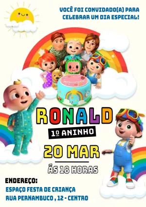 Convite de Aniversário Cocomelon com Personagens para Editar
