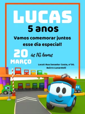 Convite Aniversário Léo o Caminhão para Editar Online