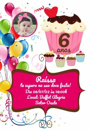 Convite Aniversário Doces e Cupcakes com Foto para Editar