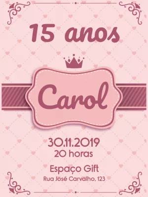 Convite de 15 Anos Princesa Rosa para Editar Online