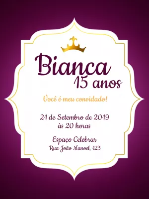 Convite 15 Anos Princesa Roxo e Dourado para Editar Online