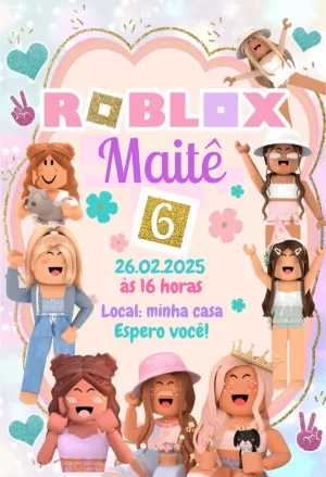 Convite Roblox Aniversário Feminino Editável Online