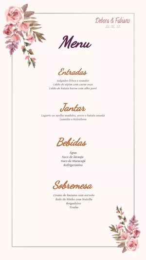 Menu de Casamento Floral Aquarela Editável Online