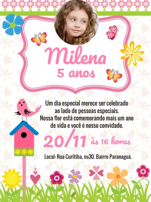 Convite Aniversário Jardim Encantado com Foto para Editar Online
