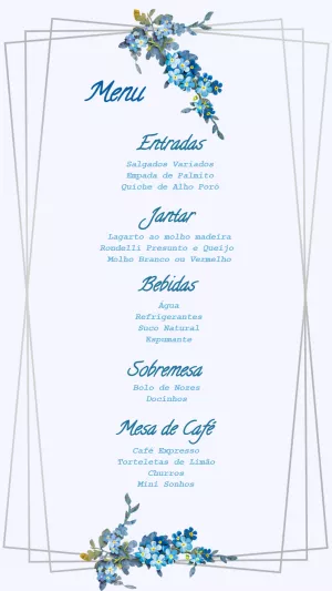 Menu de Casamento Floral com Flores Azuis para Editar Online