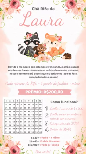 Convite Chá Rifa Bosque Encantado com Animais para Editar