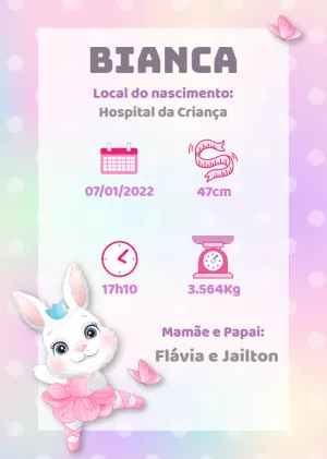 Quadro Nascimento Coelhinha Bailarina para Editar Online