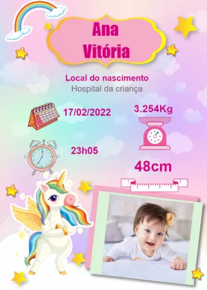 Quadro Nascimento Bebê Unicórnio para Editar Online