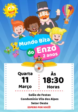 Convite Aniversário Mundo Bita com Personagens para Editar Online