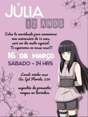 Convite de Aniversário Hinata Editável Online para Imprimir