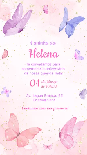Convite de Aniversário Borboletas Aquarela para Editar Online