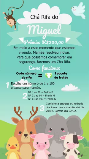 Convite Chá Rifa Safari com Animais Fofos para Editar Online
