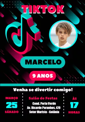 Convite de Aniversário Tik Tok com Foto para Editar Online