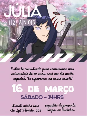 Convite de Aniversário Hinata do Naruto para Editar Online
