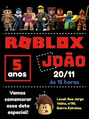 Convite de Aniversário Roblox com Personagens para Editar Online