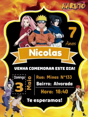 Convite de Aniversário Naruto com Personagens para Editar Online