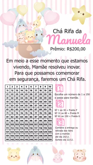 Convite Chá Rifa Ursinho Pooh e Turma para Editar Online