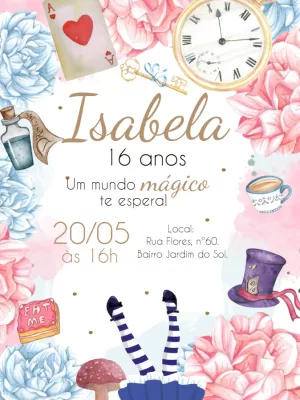 Convite Aniversário Alice no País das Maravilhas para Editar