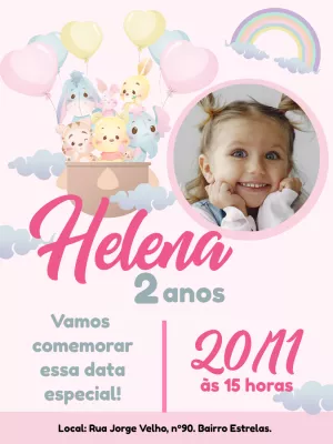 Convite de Aniversário Ursinho Pooh Cute com Foto para Editar