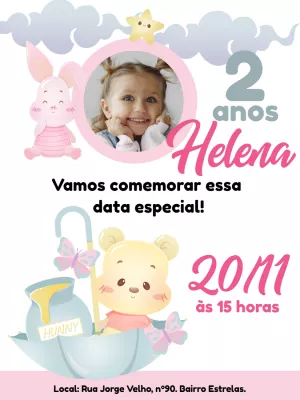 Convite Aniversário Ursinho Pooh com Foto para Editar Online