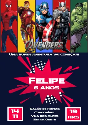 Convite de Aniversário Vingadores com Heróis para Editar Online