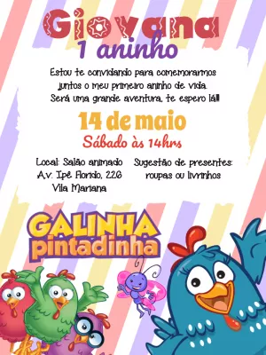 Convite de Aniversário Galinha Pintadinha para Editar Online