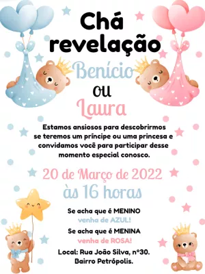 Convite Chá Revelação Ursinhos Baloeiros para Editar Online