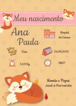 Quadro Nascimento Bebê Raposinha para Editar Online