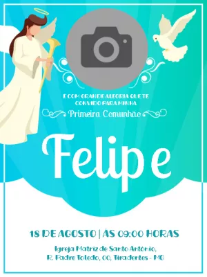 Convite Primeira Comunhão com Anjo e Foto para Editar Online