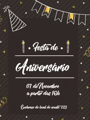 Convite de Aniversário Preto e Dourado Minimalista para Editar