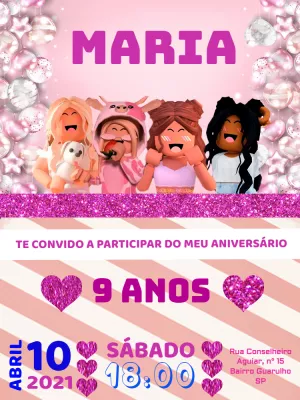 Convite Aniversário Roblox Menina Pink para Editar Online