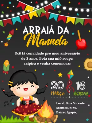 Convite Aniversário Festa Junina Menina Caipira para Editar