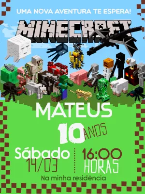 Convite de Aniversário Minecraft com Personagens para Editar
