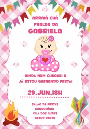 Convite Chá de Fralda Arraiá Menina para Editar Online